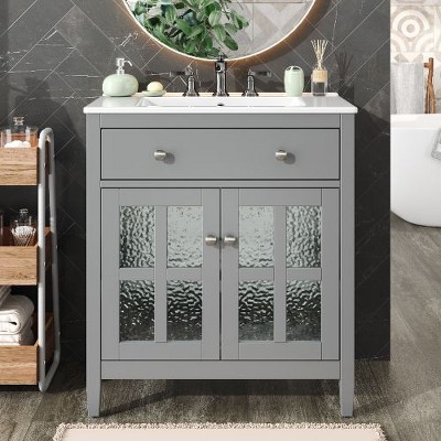 NicBex 30" Freestanding Vanity with Textured Glass Door, Compact Bathroom Vanity with Ceramic Sink, Equipped with Adjustable Shelf and Tip-Out Tray