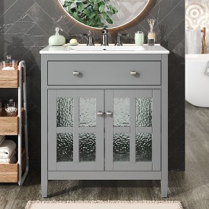 NicBex 30" Freestanding Vanity with Textured Glass Door, Compact Bathroom Vanity with Ceramic Sink, Equipped with Adjustable Shelf and Tip-Out Tray - 1 of 4