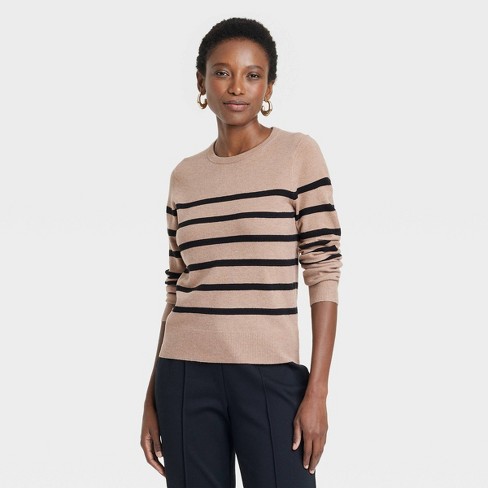 Women s Crewneck Cashfeel Pullover Sweater A New Day Camel black Striped M Target