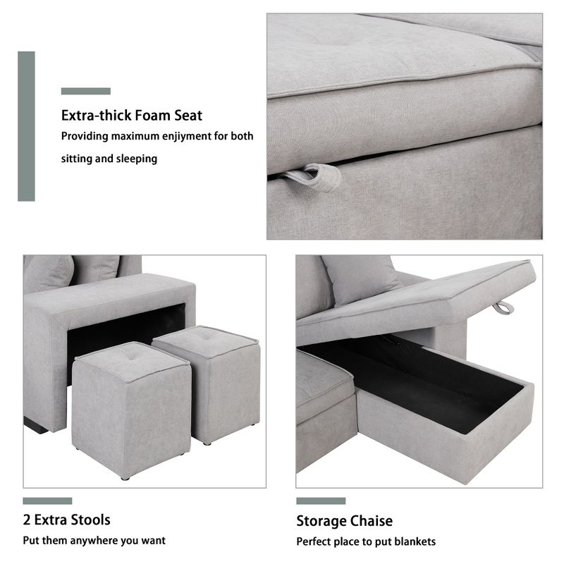 104" Pull Out Sleeper Sofa, Reversible L-Shape Sectional Couch with Storage Chaise and 2 Stools-ModernLuxe, 5 of 13