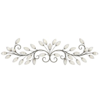 Stratton Home Decor Rustic Style Floral Brushed Pearl Scroll Over the Door Wall Decor Metal Crest with Keyhole Mounting Hanger Holes, White