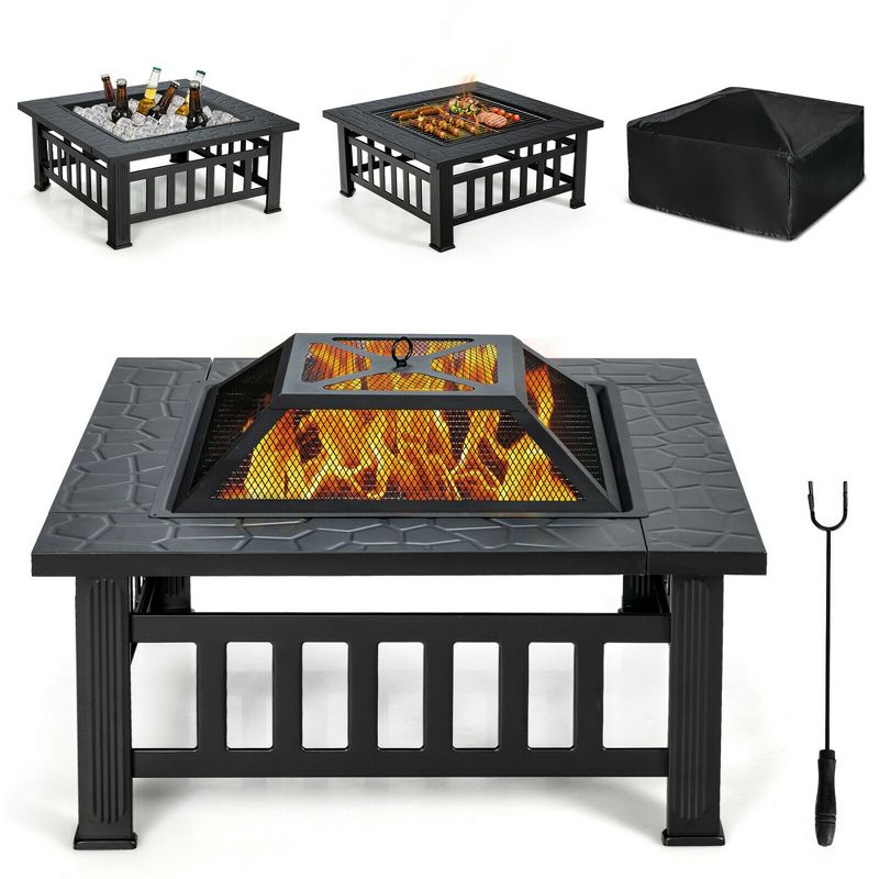Costway 32'' 3 in 1 Outdoor Square Fire Pit Table W/ BBQ Grill, Rain Cover for Camping, 1 of 11