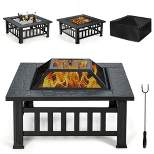 Costway 32'' 3 in 1 Outdoor Square Fire Pit Table W/ BBQ Grill, Rain Cover for Camping