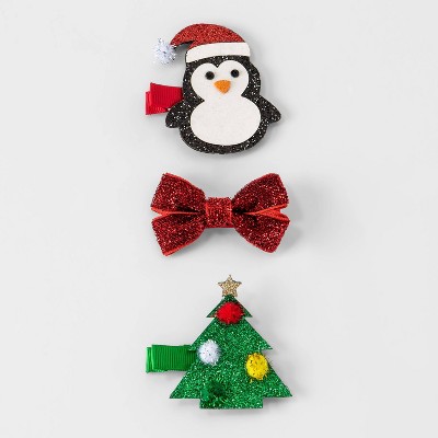 Girls' 3pk Holiday Hair Clips - Cat & Jack™ Red/Black