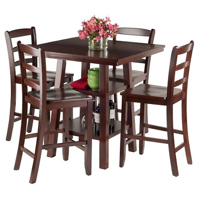 Transitional Brown Square Pub Table with 4 Ladder Back Chairs