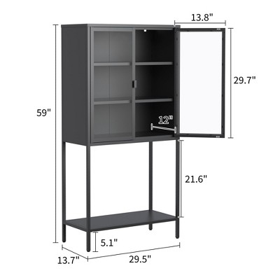 Munora 60"H Metal Storage Cabinet - Tempered Glass Doors, Anti-Tip Design, Modern Sideboard/Buffet/Bookcase for Home Office/Living Room (Black)