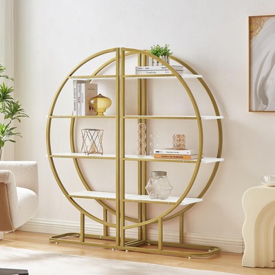 KTMBDW Round Bookshelf Storage Display Shelf Organizer, 4 Tiers L Shaped Corner Bookcase Shelving Unit for Home Office, Living Room, Gold
