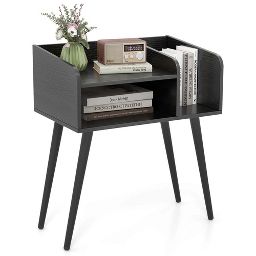 Costway Mid Century Modern End Table with Open Shelves Metal Support Legs for Bedroom White/Black/Coffee