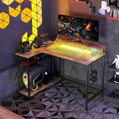 RISOKEYS L Shaped Corner Gaming Computer Desk,with Metal Storage Shelves and with Headphone Hook,for Home Office Workstation Small Space(Table only)