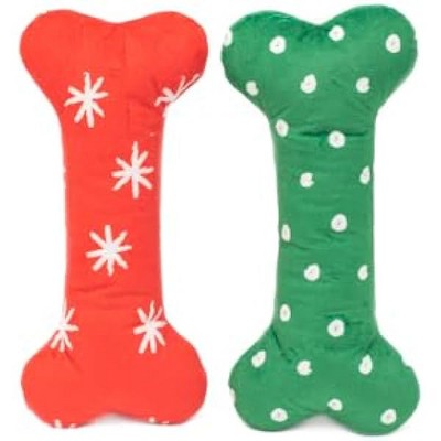ZippyPaws - Holiday Patterned Bones - Soft Squeaker Plush Dog Bone Toy - Large, 2 Pack