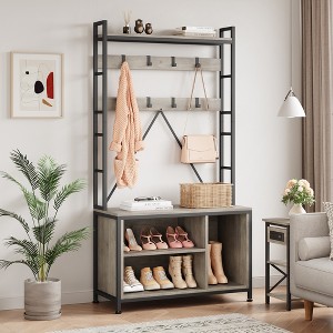 3-in-1 Entryway Hall Tree with Drawer, Vintage Industrial Coat Rack with Shoe Bench & Hutch, Mudroom Bench w/8 Hooks for Living Room Bedroom, Gray - 1 of 4