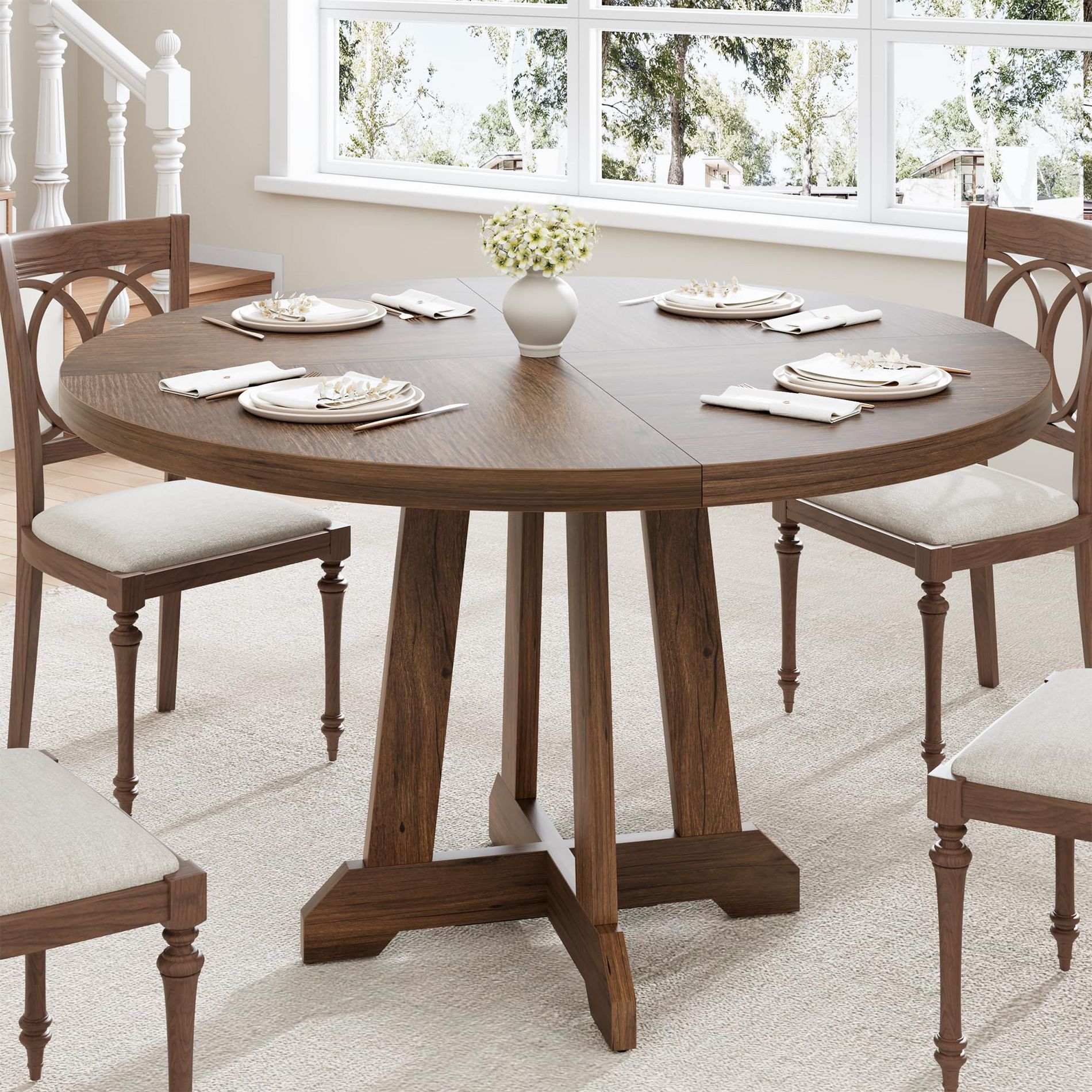 Garvee 47 " Wooden Round Dining Table, Round Dining Table for 4, Farmhouse Dinner Table with Wooden Top and Sturty Legs for Dining, Living Room