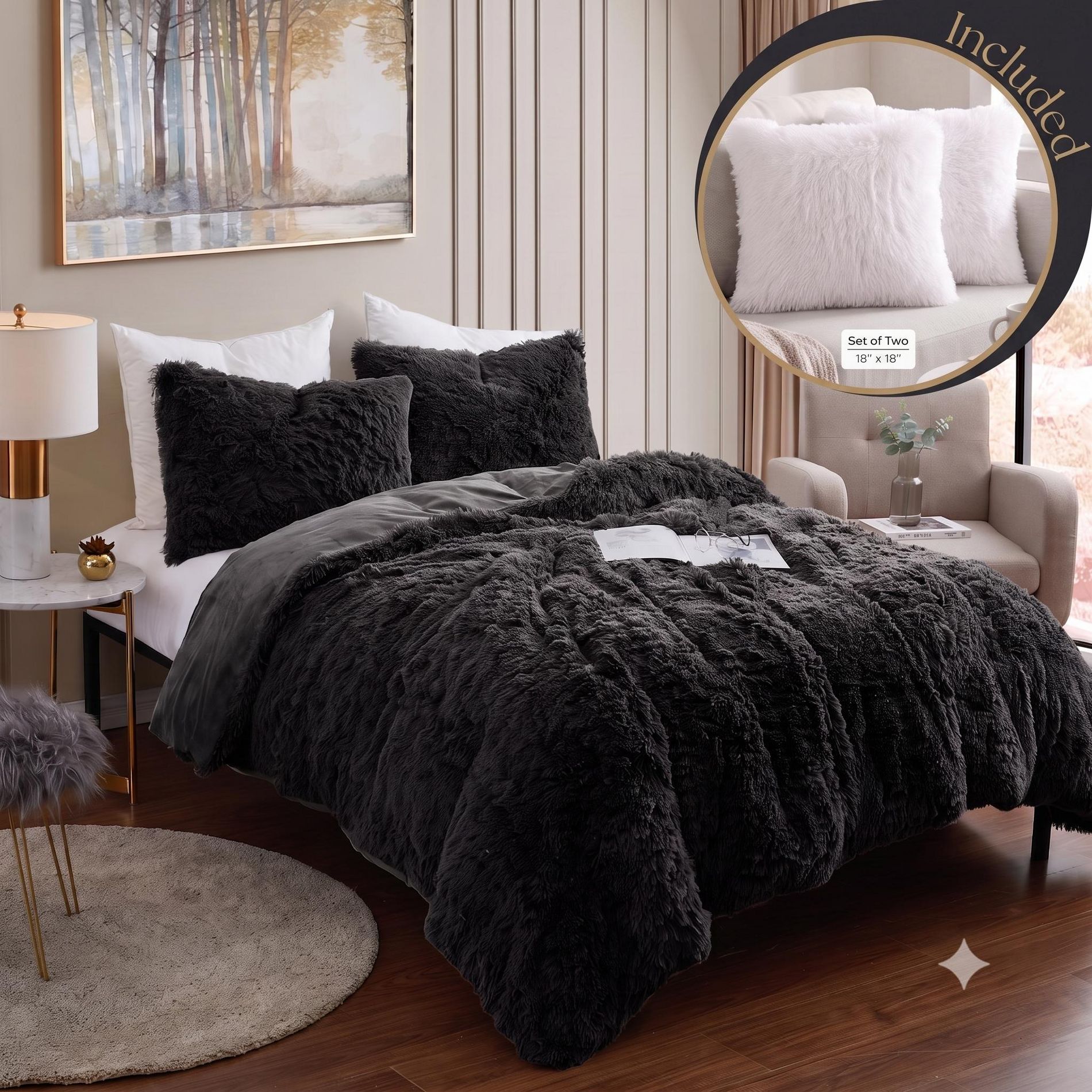 5 Piece Plush Shaggy Comforter Set Ultra Soft Luxurious Faux Fur & Velvet Bedding with Decorative Pillows by Sweet Home Collection™