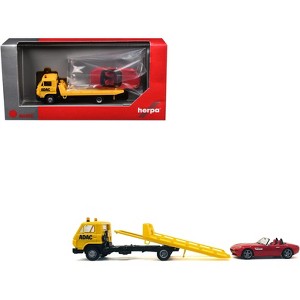 Flatbed Tow Truck "ADAC" Yellow and BMW Z4 Convertible Red Set of 2 pieces plastic model cars by Promotex - 1 of 4