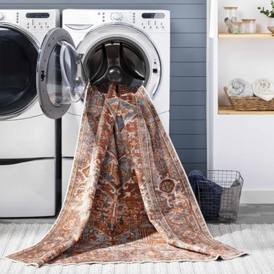 Darapidap 3'6" x 5'6" Blue and Burnt Orange Traditional Washable Rug