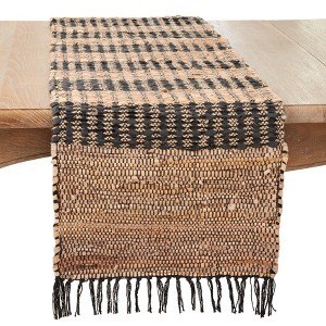 Saro Lifestyle Leather Striped Chindi Table Runner, 16"x72", Black - 1 of 3