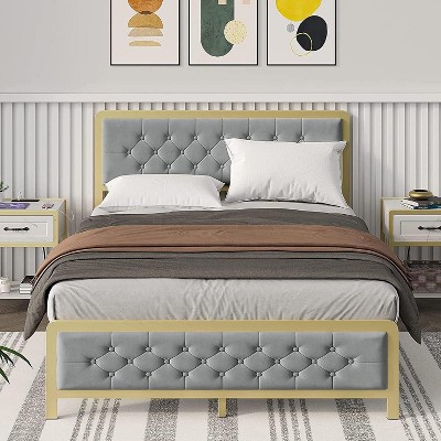 Bed Frame, Velvet Upholstered Platform Bed with Button Tufted Headboard, Heavy Duty Metal Mattress Foundation and Metal Slats