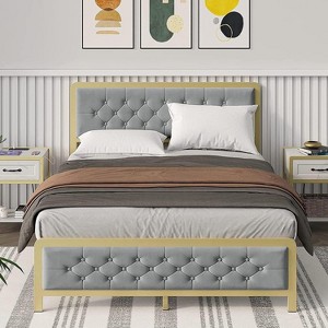 Bed Frame, Velvet Upholstered Platform Bed with Button Tufted Headboard, Heavy Duty Metal Mattress Foundation and Metal Slats - 1 of 4