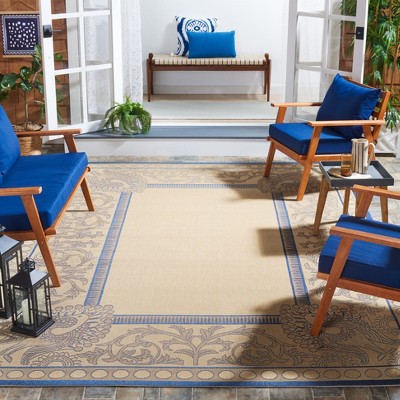 Natural and Blue Synthetic Rectangular Outdoor Rug