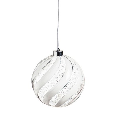 Evergreen 6" Shatterproof Outdoor Safe Battery Operated LED Ornament, Silver and White Wavy Stripe Finial