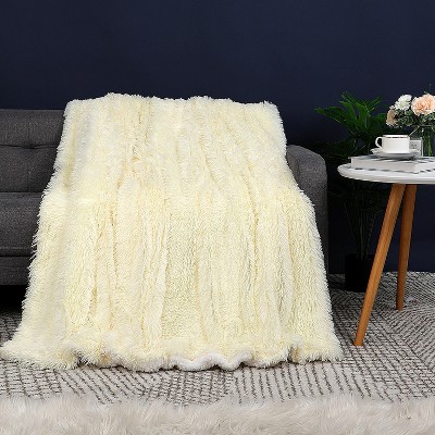 1 Pc Full/Queen Faux Fur Flannel Fleece Bed Blankets Pale Yellow - PiccoCasa