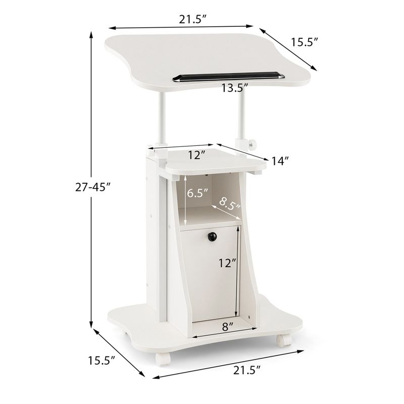 Costway Mobile Podium Stand Office Laptop Cart with Storage Adjustable Height White/Black, 3 of 10