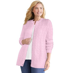 Woman Within Plus Size Cotton Cable Knit Cardigan Sweater - 1 of 4