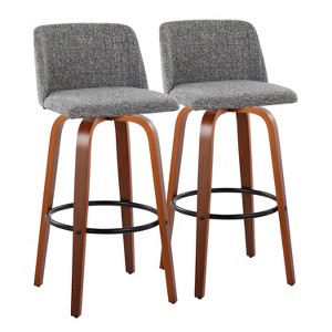 LumiSource Set of 2 Toriano Barstools Walnut/Gray/Black: Upholstered Swivel, Fixed Height, Mid-Century Design - 1 of 4