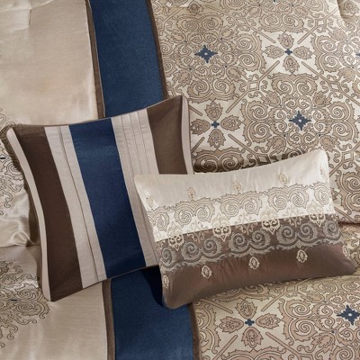 Navy and Taupe Jacquard Queen Comforter Set with Decorative Pillows