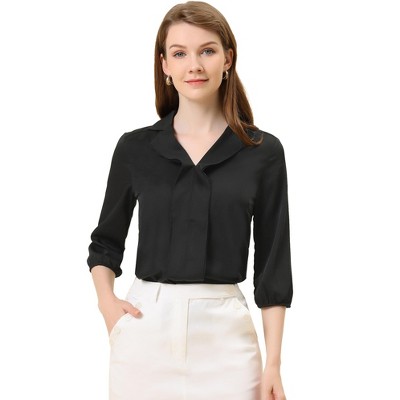 Allegra K Women's V Neck 3/4 Sleeves Collared Work Office Top Blouse