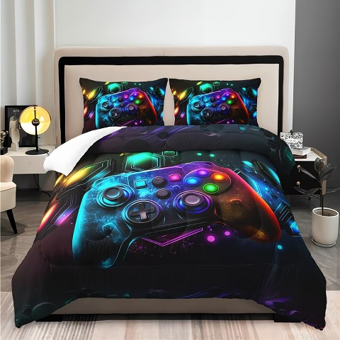 Aeelleea Gamer Soft Comforter Set for Boys, Neon Gaming Bedding Quilt Set for Room Decor, 3D Printed Cartoon Theme for Bedroom