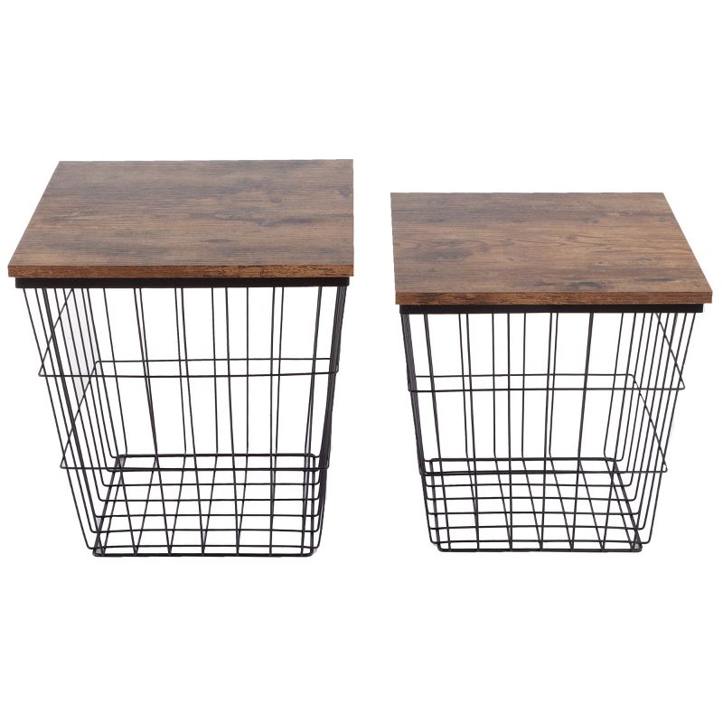 End Table with Storage – Set of 2 Nesting Tables – Square Wire Basket Base and Wood Tops – Industrial Farmhouse Style Side Table by Lavish Home, 2 of 10