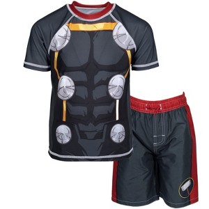 Marvel Avengers Spider-Man Captain America Hulk Iron Man Pullover Rash Guard & Swim Trunks Outfit Set Toddler to Big Kid - 1 of 4