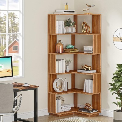 64.96" Brown Wood Grain 6-Tier Corner Bookshelf