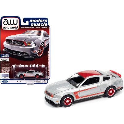 2012 Ford Mustang Boss 302 Laguna Seca Ingot Silver Metallic and Red with Red Wheels Limited Edition to 13312 pcs 1/64 Diecast Model Car by Autoworld