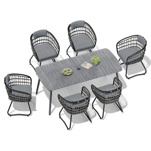 Crestlive Products 7pc Outdoor Dining set 71in Patio Rectangle Table with Rattan Dining Chairs Aluminum Frame Wood-Like Tabletop Umbrella Hole - 1 of 4
