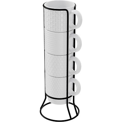 American Atelier Ceramic Mug & Rack Set, 4 Ceramic Cups & Standing Metal Rack for Kitchen Countertop, 14 oz. Capacity, Embossed