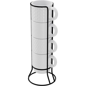American Atelier Ceramic Mug & Rack Set, 4 Ceramic Cups & Standing Metal Rack for Kitchen Countertop, 14 oz. Capacity, Embossed - 1 of 4