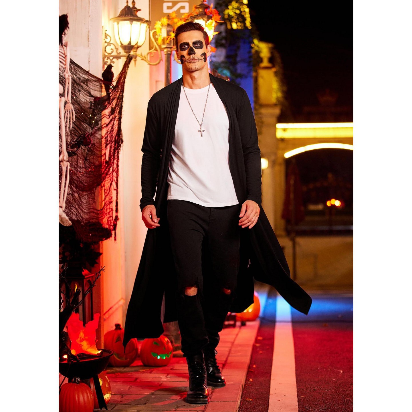 Мужские кардиганы COOFANDY Lightweight Ruffle Shawl Collar Cardigan Open Front Long Length Drape Cape Overcoat Black, цвет: Чёрный — фото 2