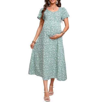Women's Summer Maternity Floral Midi Dress Casual Sweetheart Short Sleeve Tie Back Dresses For Photoshoot And Baby Shower