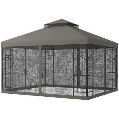 Gray Steel Patio Gazebo with Mesh Curtains and Shelves