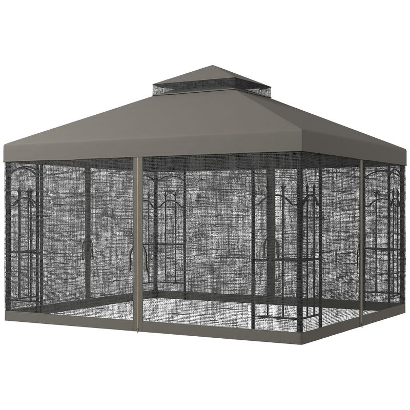 Outsunny 141.7" x 118.1" Steel Outdoor Patio Gazebo Canopy with Removable Mesh Curtains, Display Shelves, & Steel Frame, Gray, 4 of 7