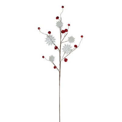 Melrose 30" White and Red Snowflake with Sleigh Bell Christmas Spray