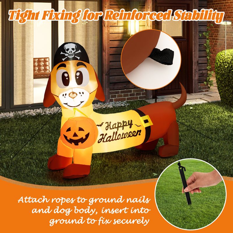 Tangkula 5.5 FT Long Halloween Inflatable Decoration Blow Up Dachshund Wiener Dog w/ Pirate Hat & Pumpkin Built-in LED Lights, 4 of 10