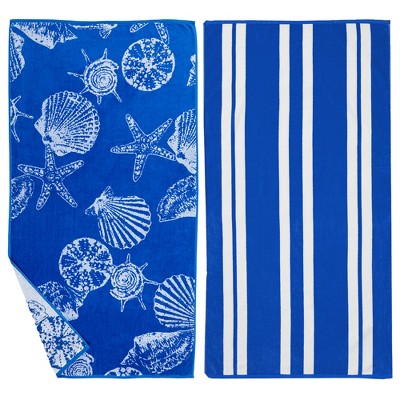 Great Bay Home Cotton Printed 2-Pack Beach Towel  (2 Pack- 30" x 60", Seashell Blue)