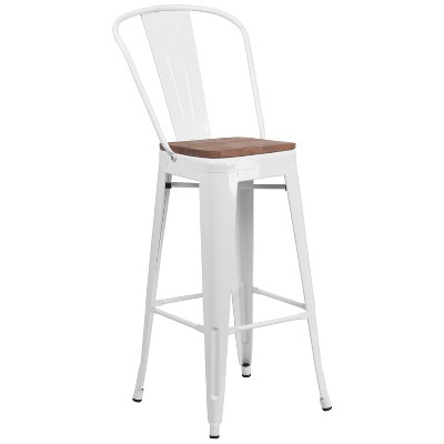 Merrick Lane 30" High White Metal Barstool with Back and Wood Seat