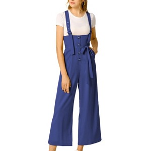 Allegra K Women's High Waist Wide Leg Belted Button Long Overalls Jumpsuit - 1 of 4