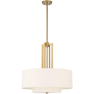 Warm Brass Double Drum Pendant Light with Linen Shade