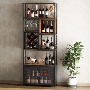 LOVMOR 82.7" Industrial Tall Black Bar Wine Rack Cabinet with Glass Holder Wood Home Bar Cabinet - 1 of 4