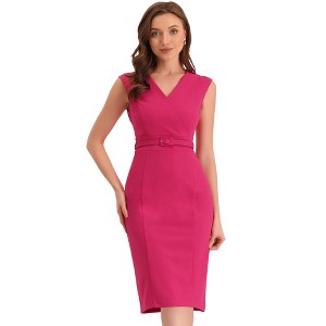 INSPIRE CHIC Women's Sleeveless V Neck Business Office Belt Pencil Dresses - 1 of 4